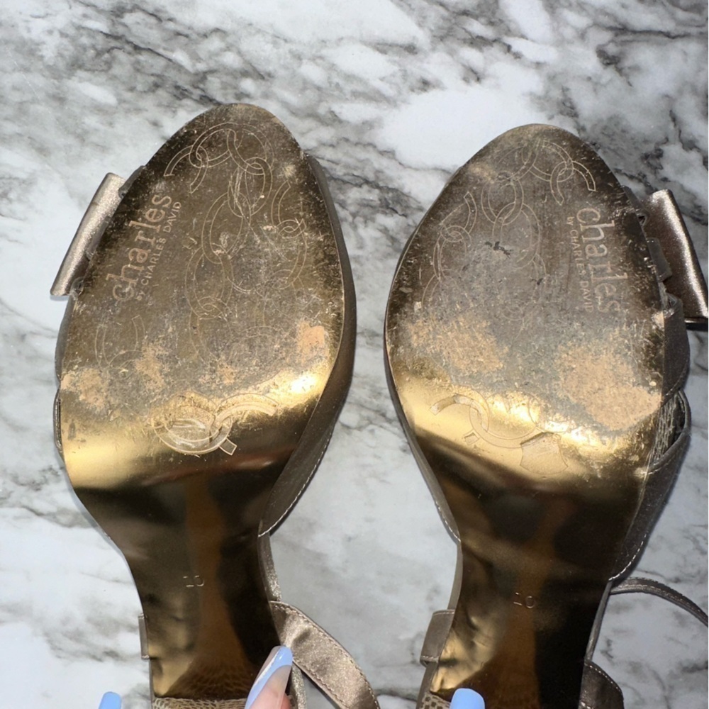 Charles David Formal Gold Heels with Rhinestone Bow Accents - Picture 8 of 13